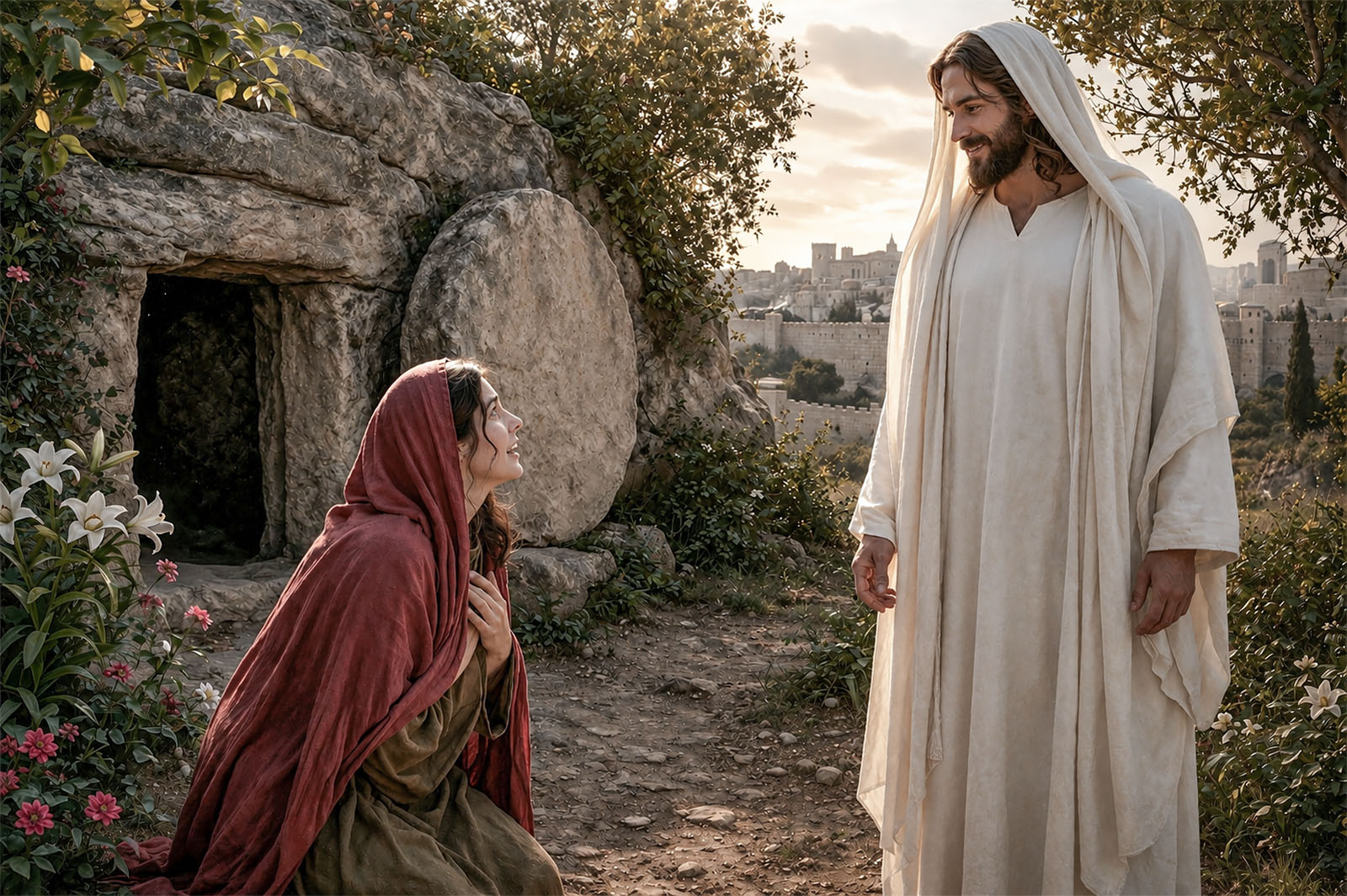 Mary Magdalene and Jesus standing outside the tomb